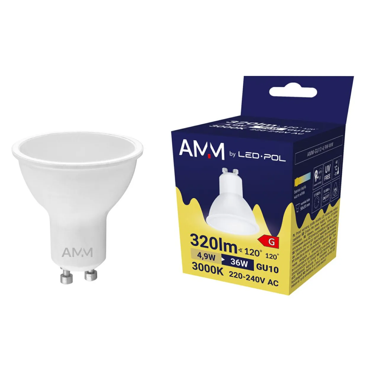 Żarówka LED GU10 4,9W barwa ciepła AMM-GU10-4,9W-WW