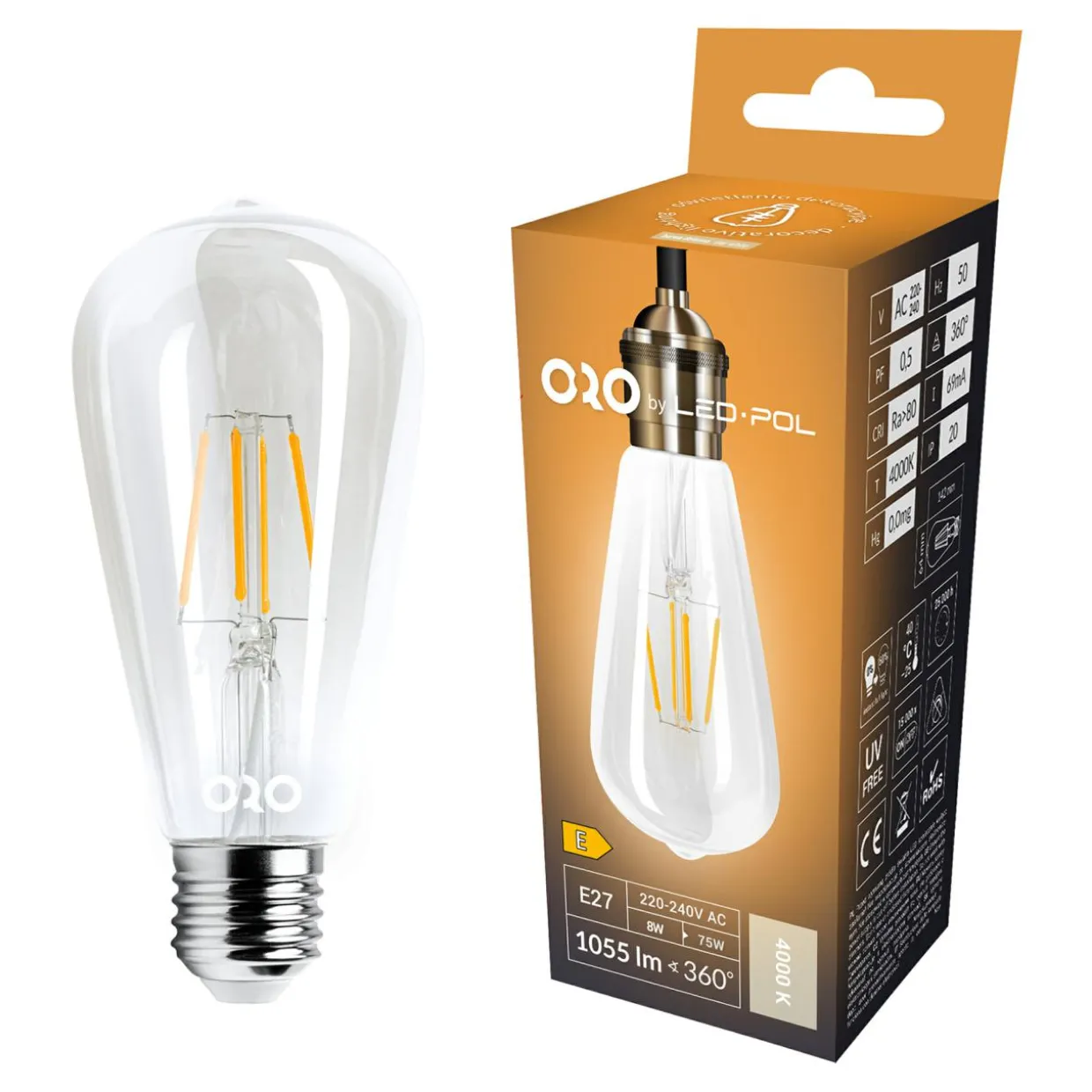 Żarówka ozdobna retro LED E27 8W barwa neutralna ORO-E27-ST64-FL-CLARO-8W-DW
