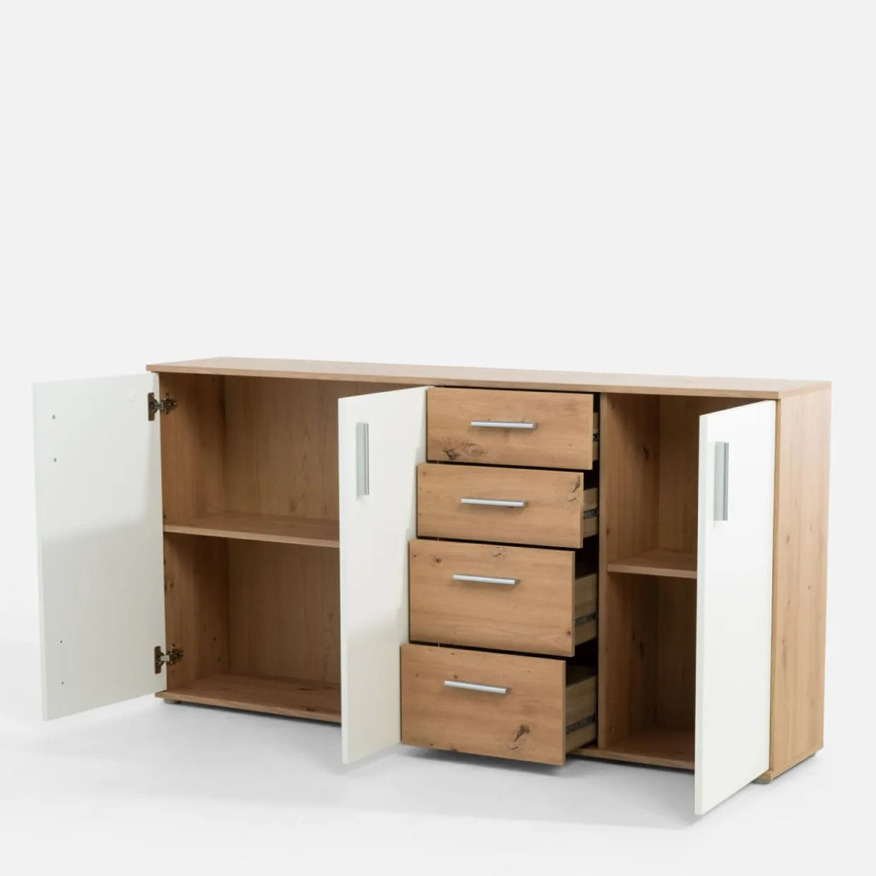 Komoda 3-drzwiowa z 4 szufladami IKOLI biała dąb artisan