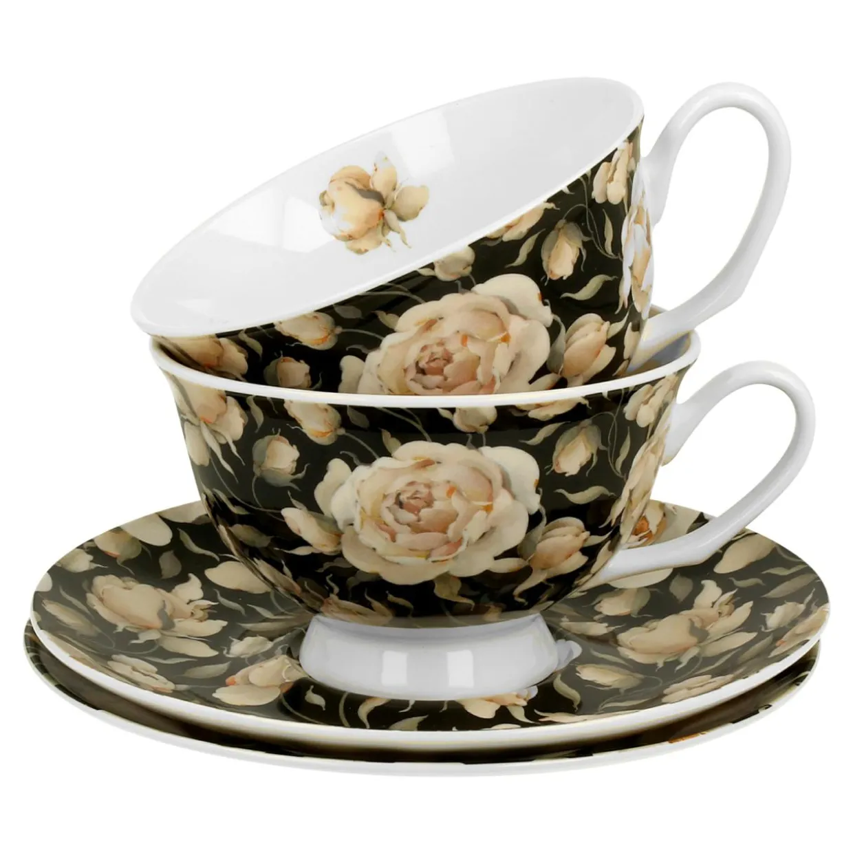 Komplet 2 filiżanek ze spodkami ROYAL ENGLISH ROSES BLACK 250 ml