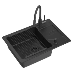 Komplet zlewozmywak QUADRON czarny SMART 62x44 cm z baterią, dozownikiem, matą i syfonem