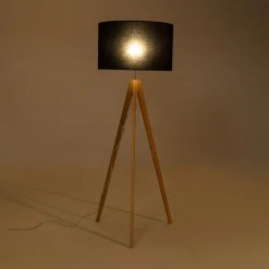 Lampa na drewnianym trójnogu abażur czarny TREVISO