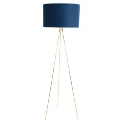 Lampa na złotym trójnogu abażur welur granatowy INGA