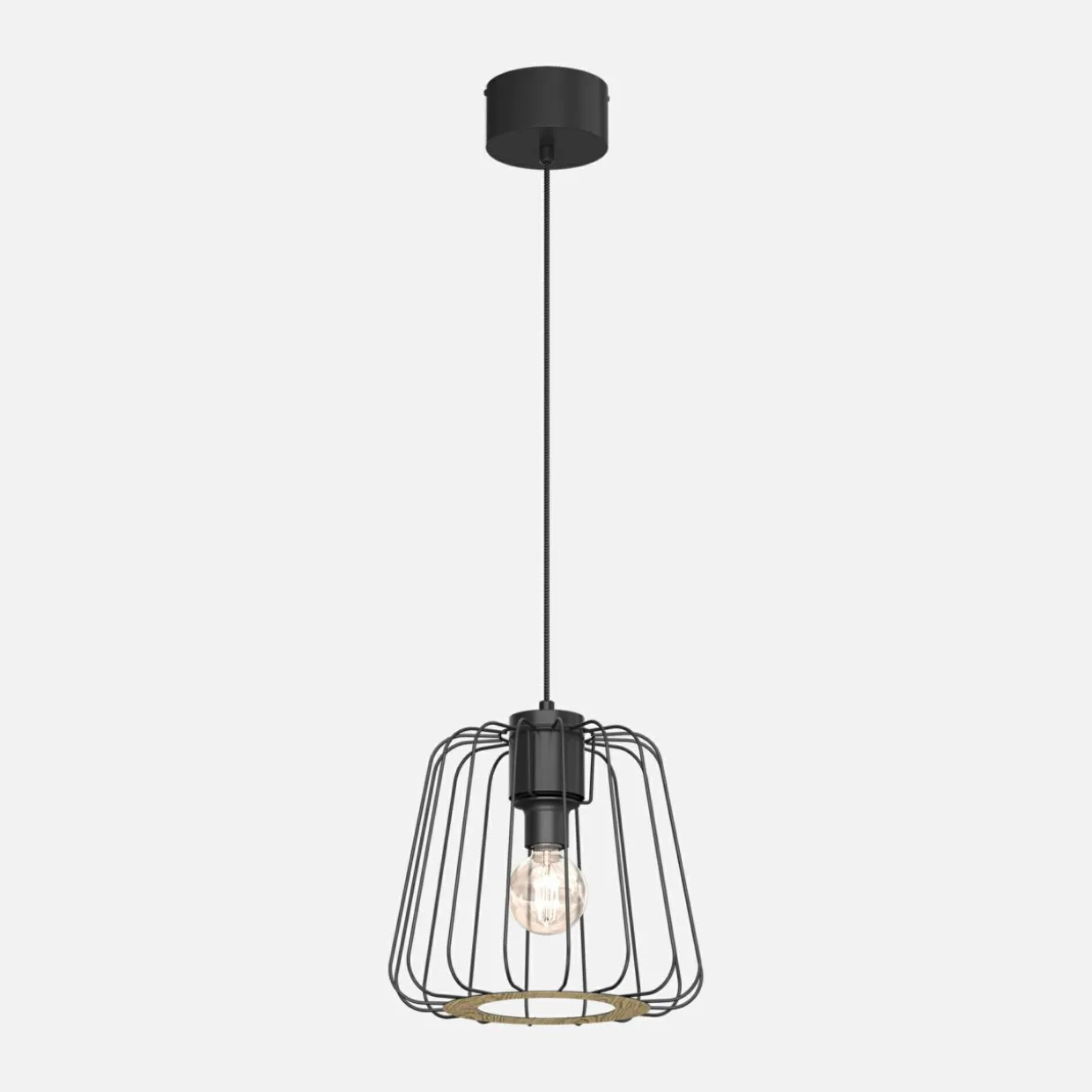 Lampa wisząca czarna jasne drewno TRAD I klosz 25 cm