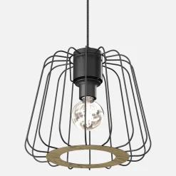 Lampa wisząca czarna jasne drewno TRAD I klosz 25 cm