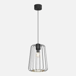 Lampa wisząca czarna jasne drewno TRAD I klosz 38 cm