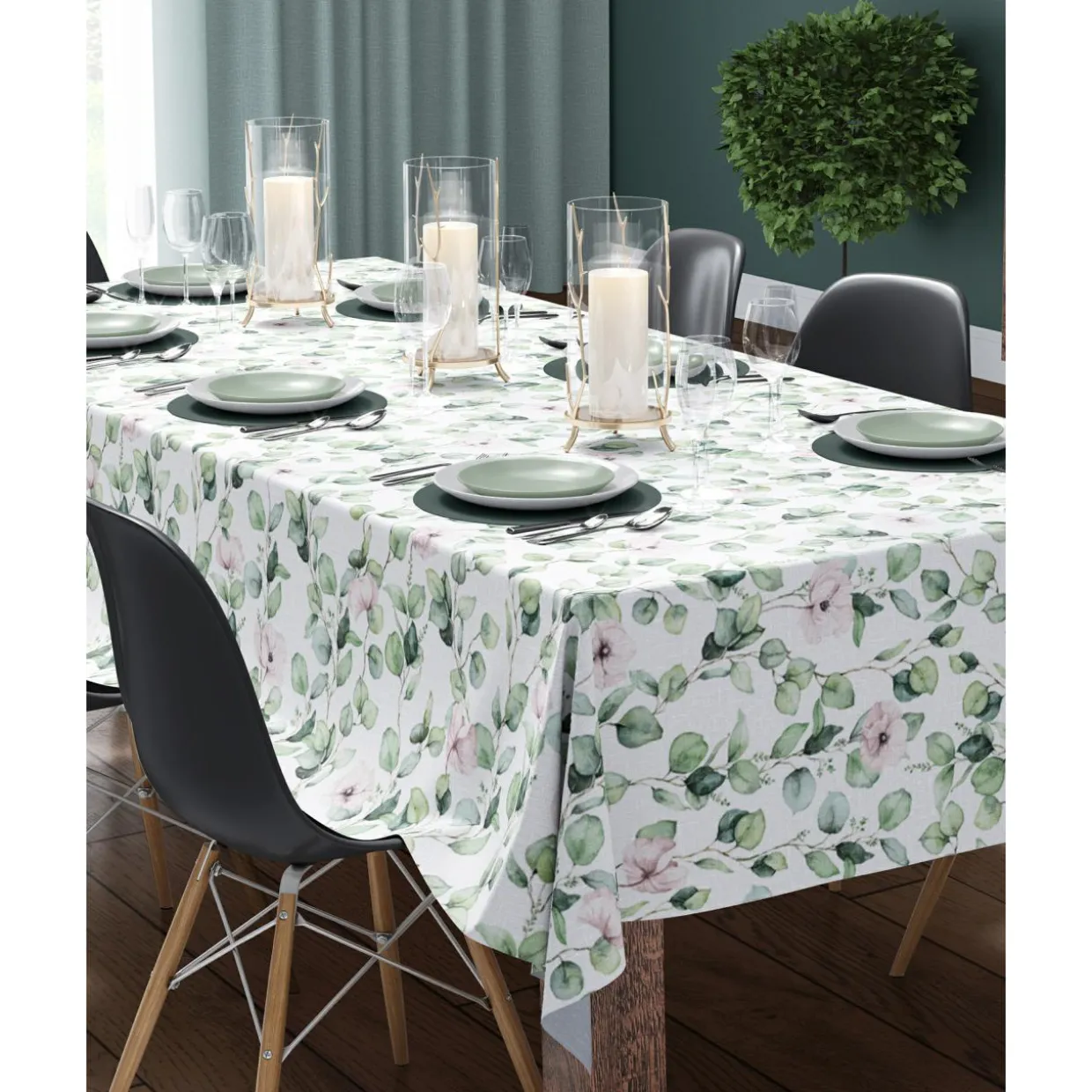 Obrus plamoodporny w zielone kwiaty 140x280 cm