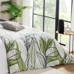 Pościel bawełniana biała w zielone liście TRENDY 220x200 cm