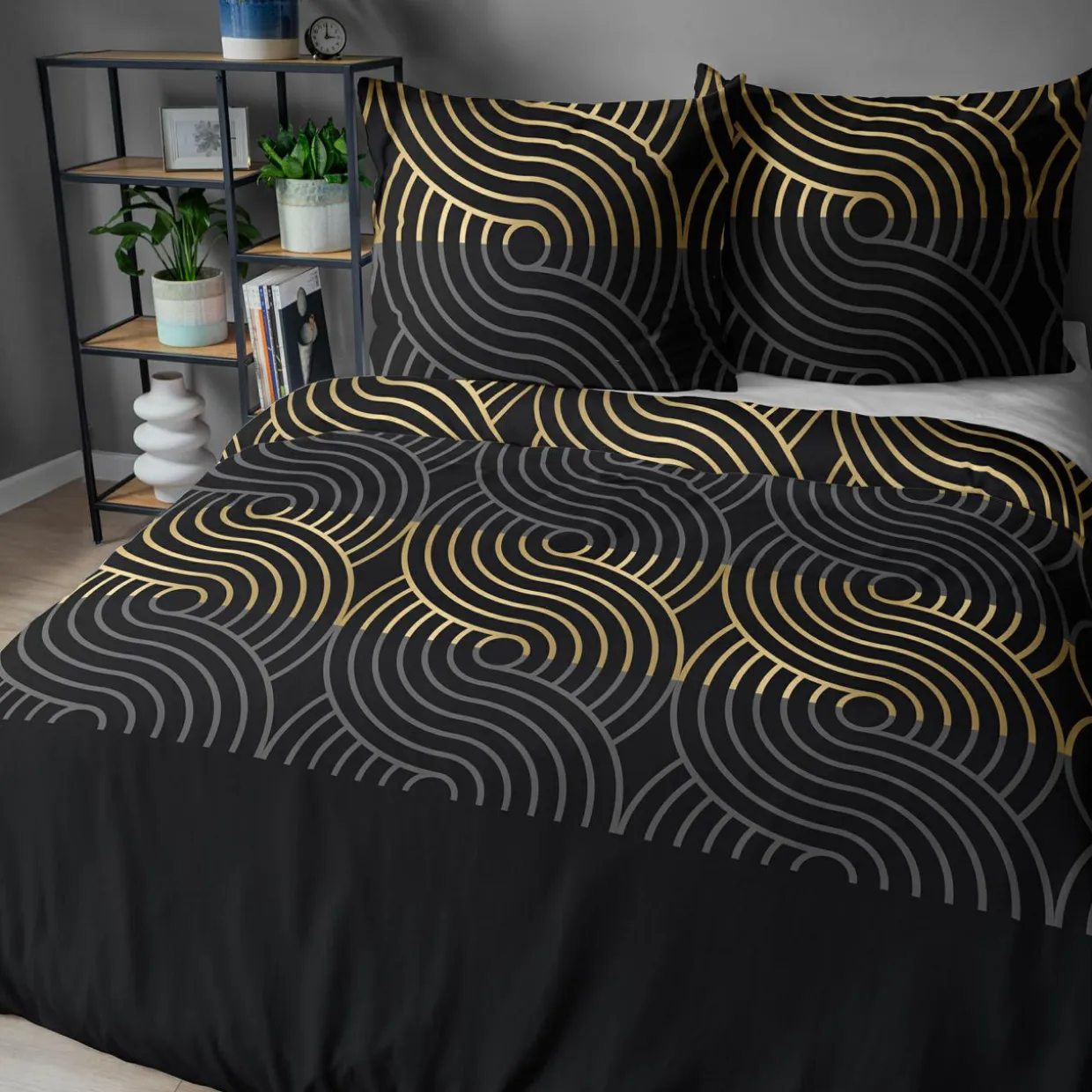 Pościel bawełniana geometryczna czarna HOME SATIN 160x200 cm