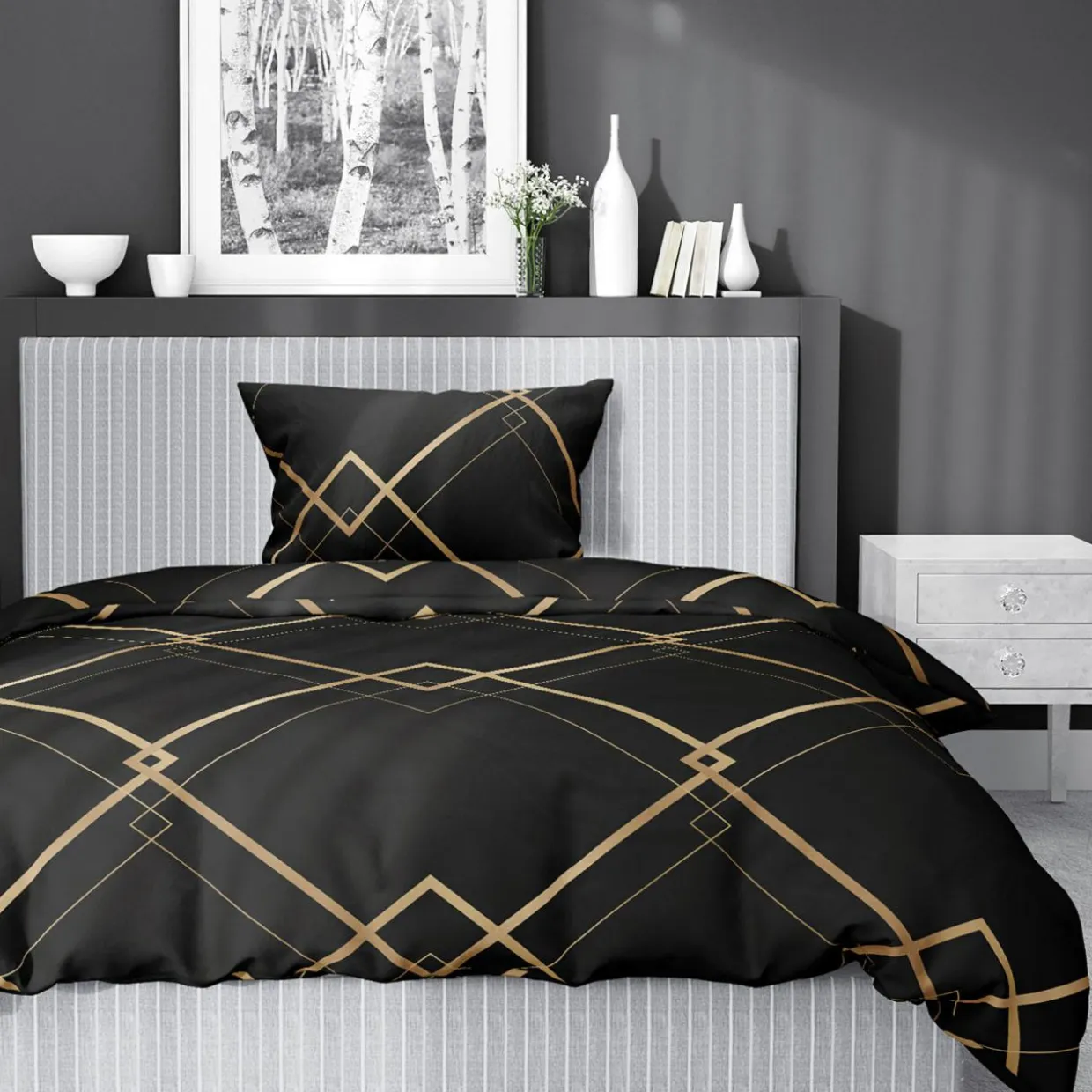 Pościel bawełniana geometryczna czarna HOME SATIN 140x200 cm