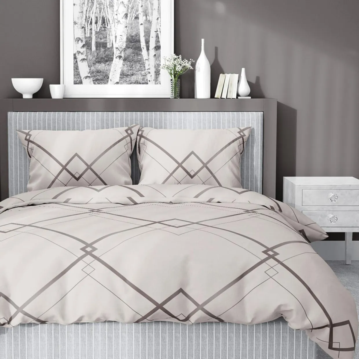 Pościel bawełniana geometryczna kremowo-biała HOME SATIN 220x200 cm