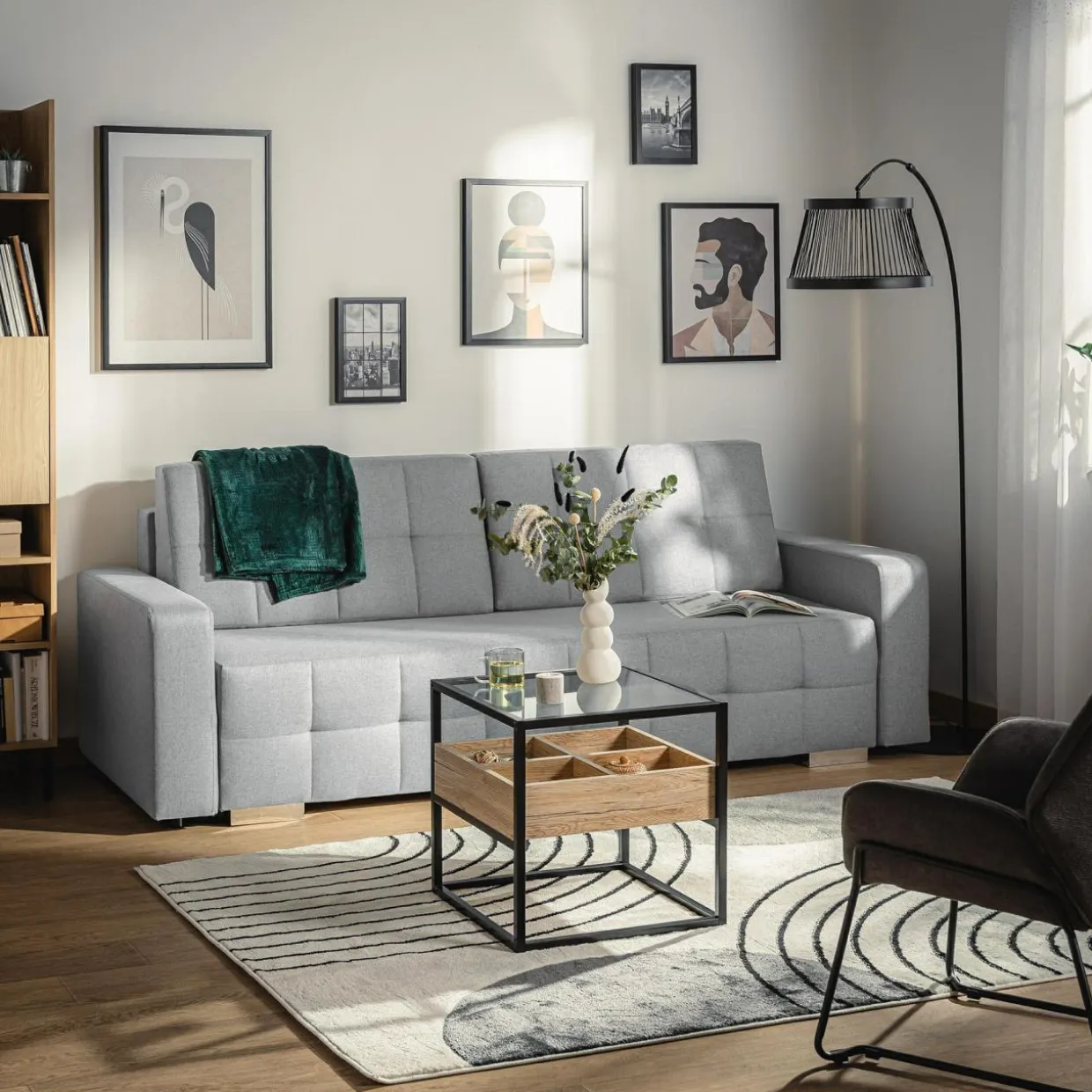 Sofa rozkładana z pikowaniem jasnoszara LILA