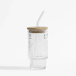Szklanka z bambusową pokrywką i słomką 320 ml