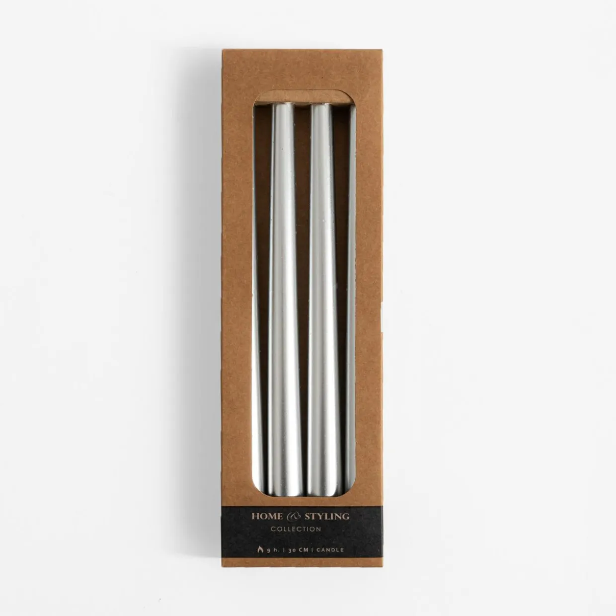 Świece stożkowe srebrne 30 cm, 4 sztuki